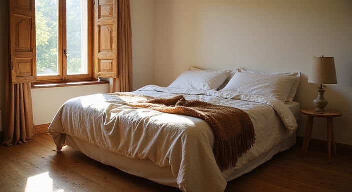 Ein gemütliches Schlafzimmer mit einem einladenden Bett und natürlichen Materialien.