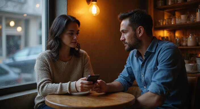 Ein Paar in einem gemütlichen Café führt ein konzentriertes Gespräch über sexkontakt Schwyz.