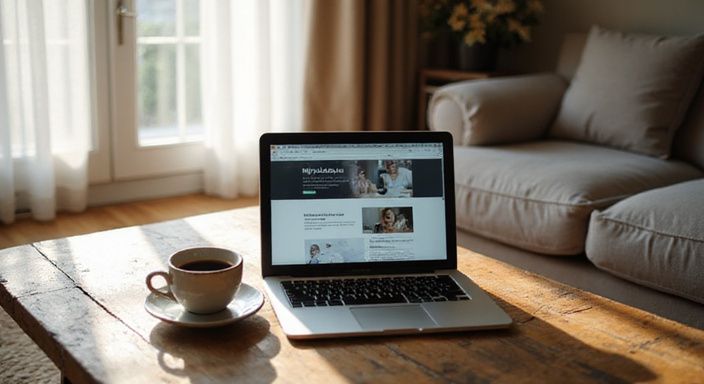 Ein gemütlicher Wohnraum mit einem Tisch, Laptop und Kaffeetasse.