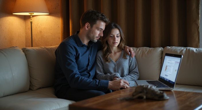 Ein Paar sitzt auf einem Sofa und nutzt einen Laptop für sexkontakt in Tessin.