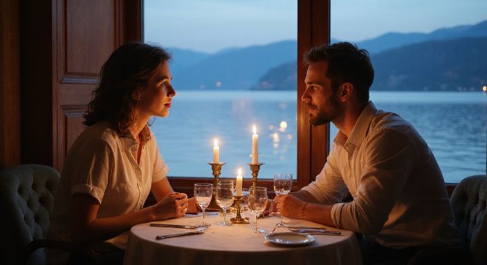 Ein Paar sitzt an einem eleganten Tisch in einem Restaurant.