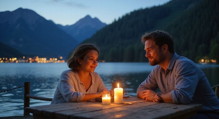 Ein Paar sitzt am Ufer des Genfersees und genießt den Abend.