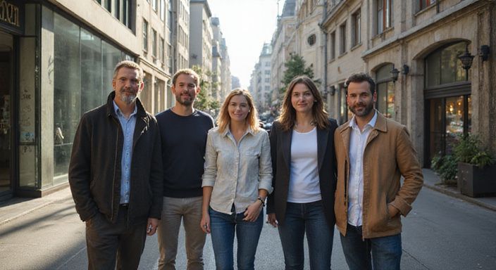 Eine diverse Gruppe von Menschen entspannt sich auf einem urbanen Bürgersteig.