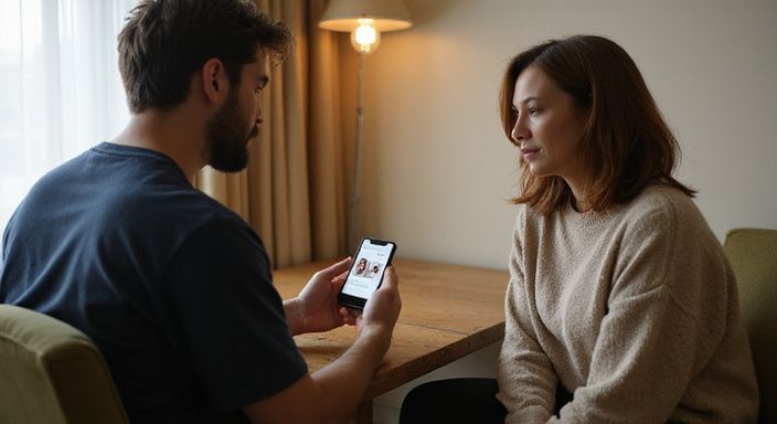 Zwei Personen führen ein ruhiges, persönliches Gespräch in einem Hotelzimmer.