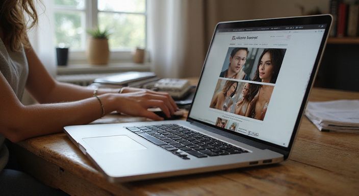 Ein offenes Laptop zeigt eine seriöse Escort-Website auf einem Schreibtisch.