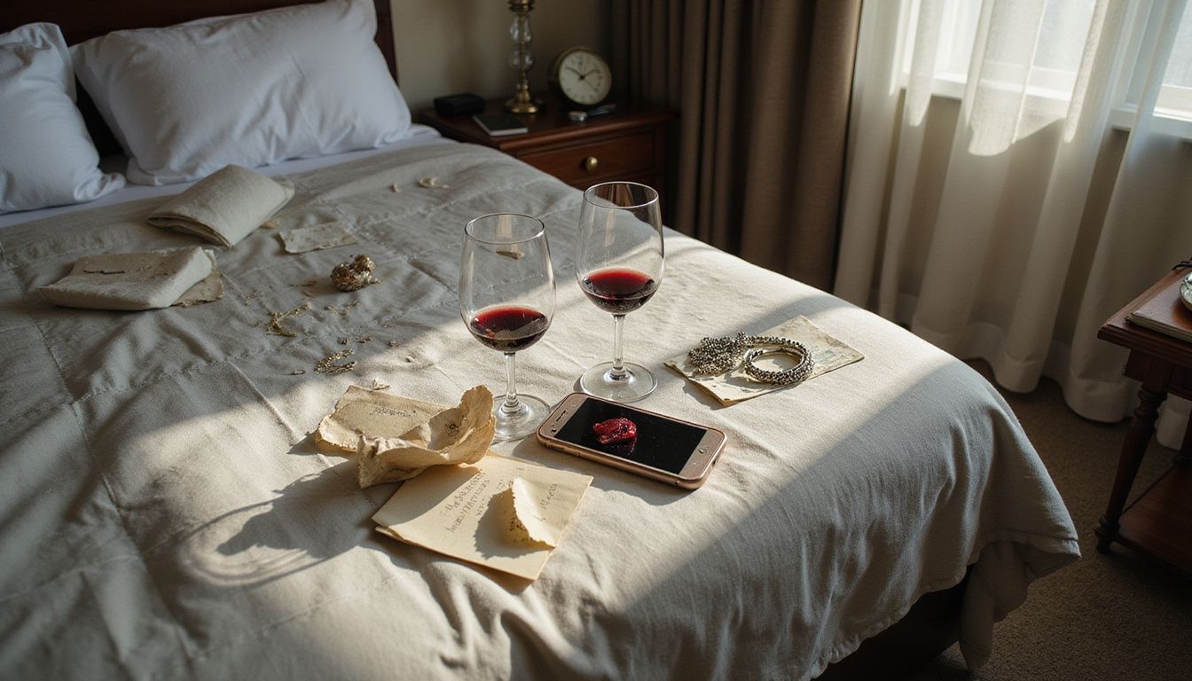 Ein unordentliches Hotelzimmer deutet auf emotionale Unruhe und plötzlichen Abschied hin.
